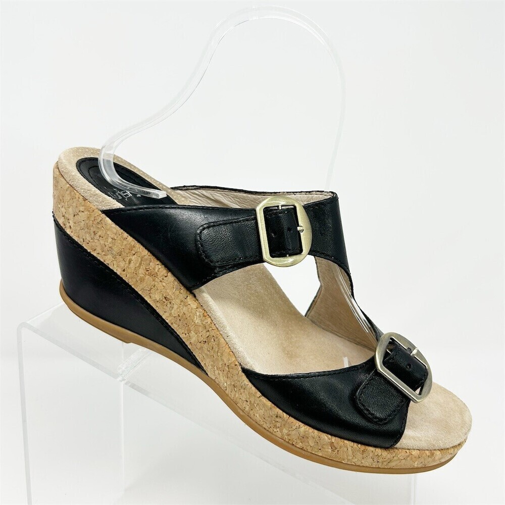 Dansko Carla Slide Sandals Womens Black Wedge Double Buckle Cushioned Size 40